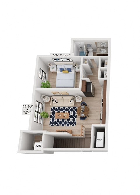 Floor plan for 1 bed, 1 bath, 724 sqft